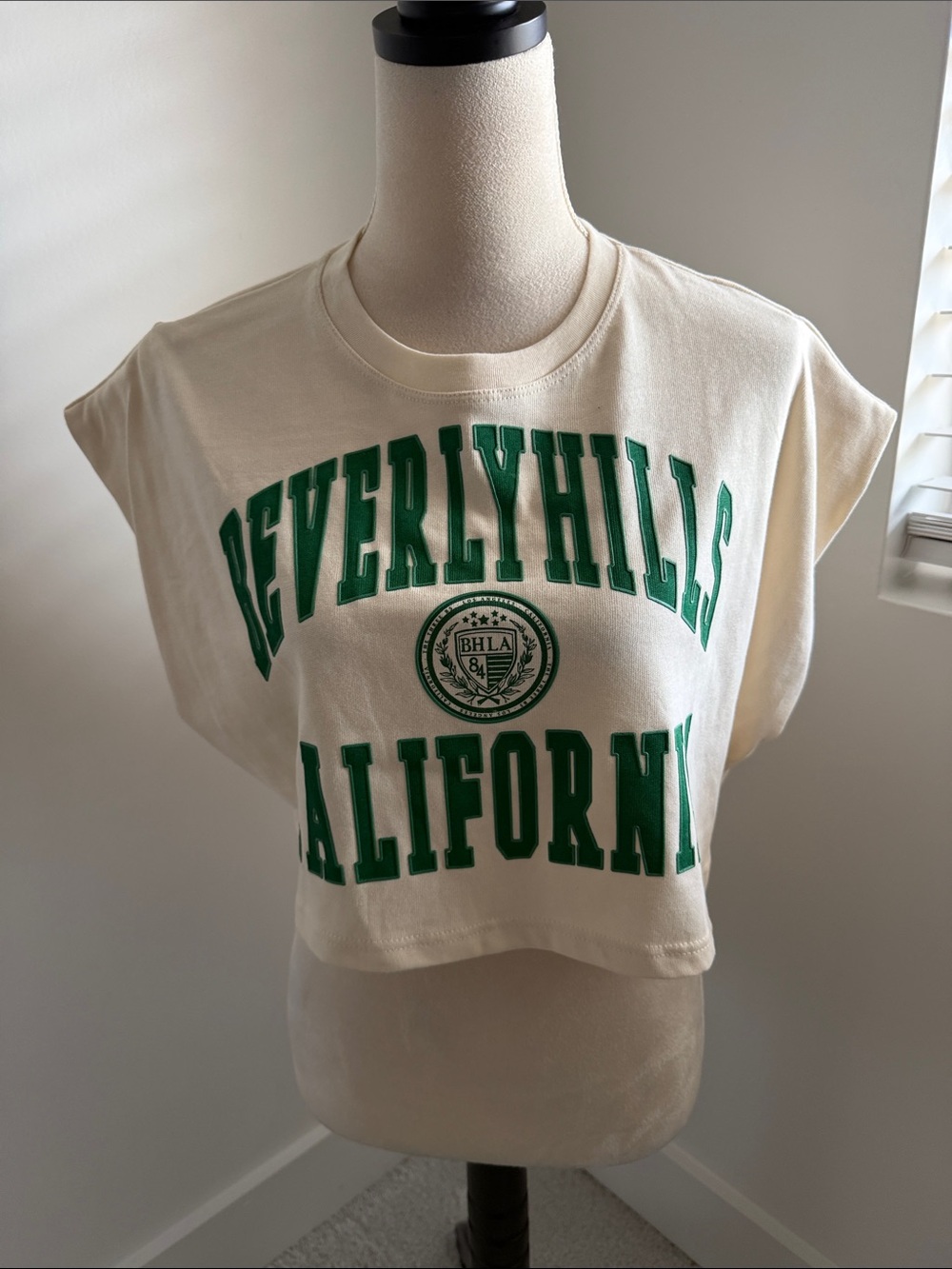 Zara Cream Crop Top with Green Beverly Hills Graphic